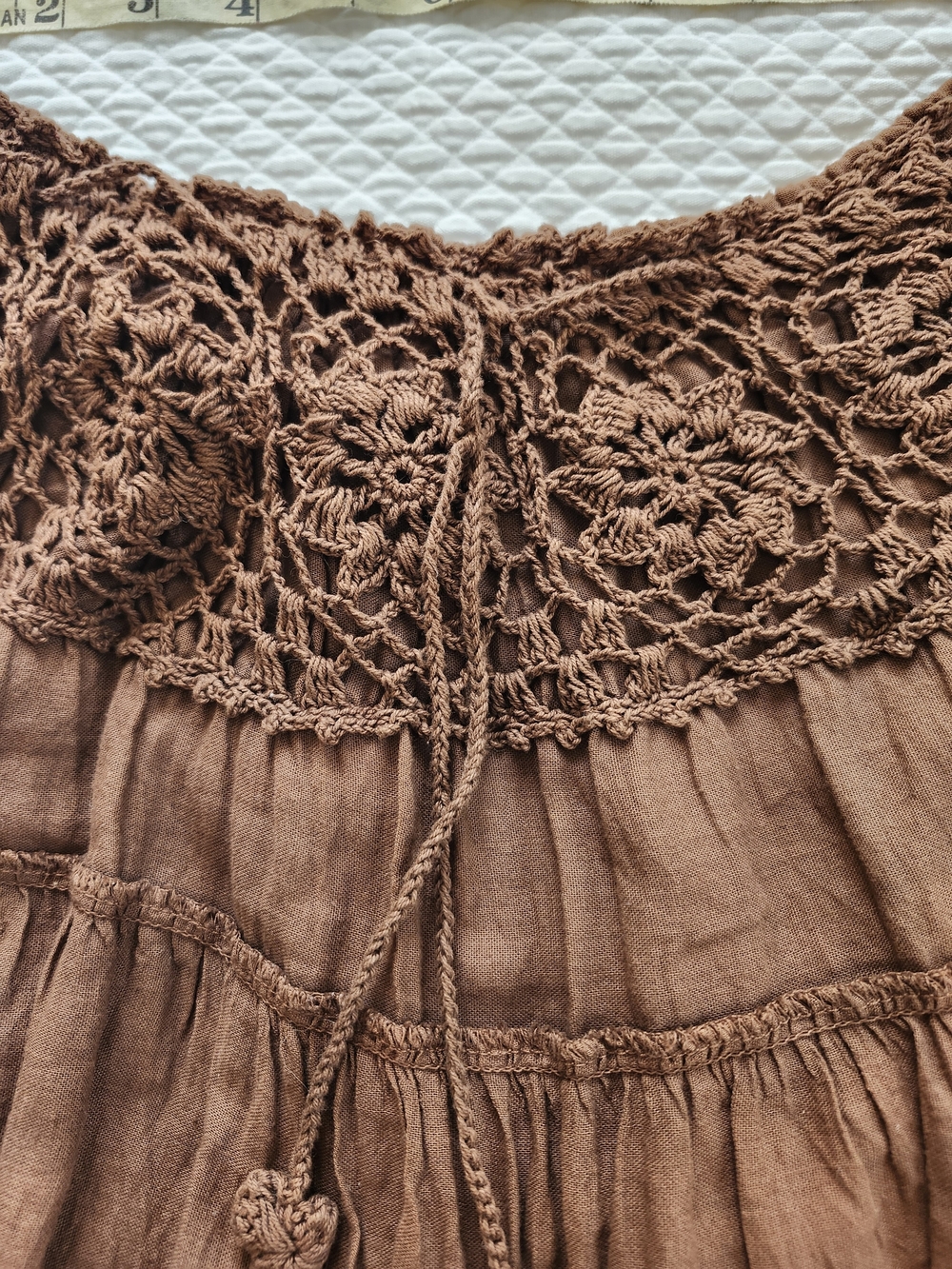 Boho Tiered Crinkle Midi Maxi Skirt with Crochet Waistband | Brown - Picture 4 of 7